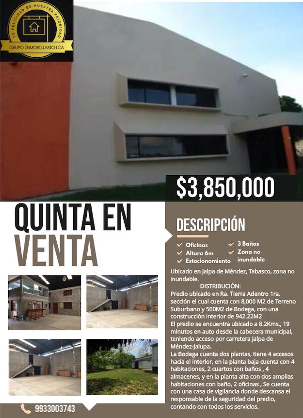 QUINTA EN VENTA EN JALPA DE MÉNDEZ, TABASCO CUENTA CON NAVE INDUSTRIAL