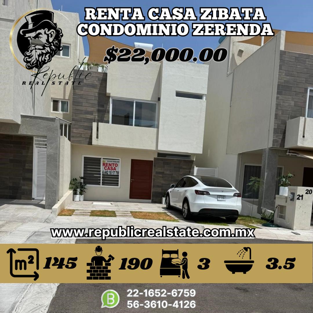 RENTA DE CASA ZIBATA CONDOMINIO ZERENDA