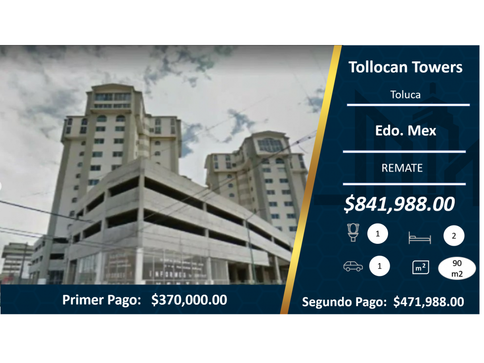Hermoso Departamento en Tollocan Towers en REMATE   $841,988.00
